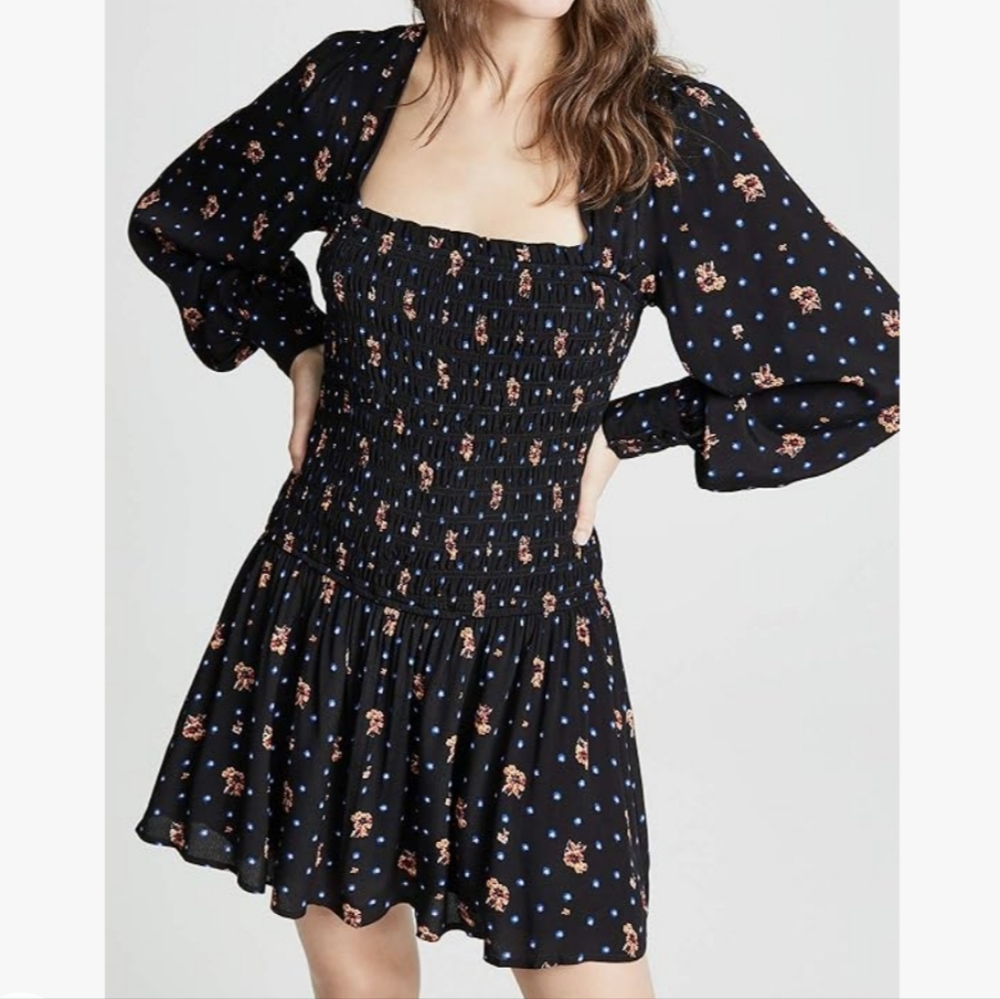 Free People Two Faces Floral Black Smocked Casual Dress sz S